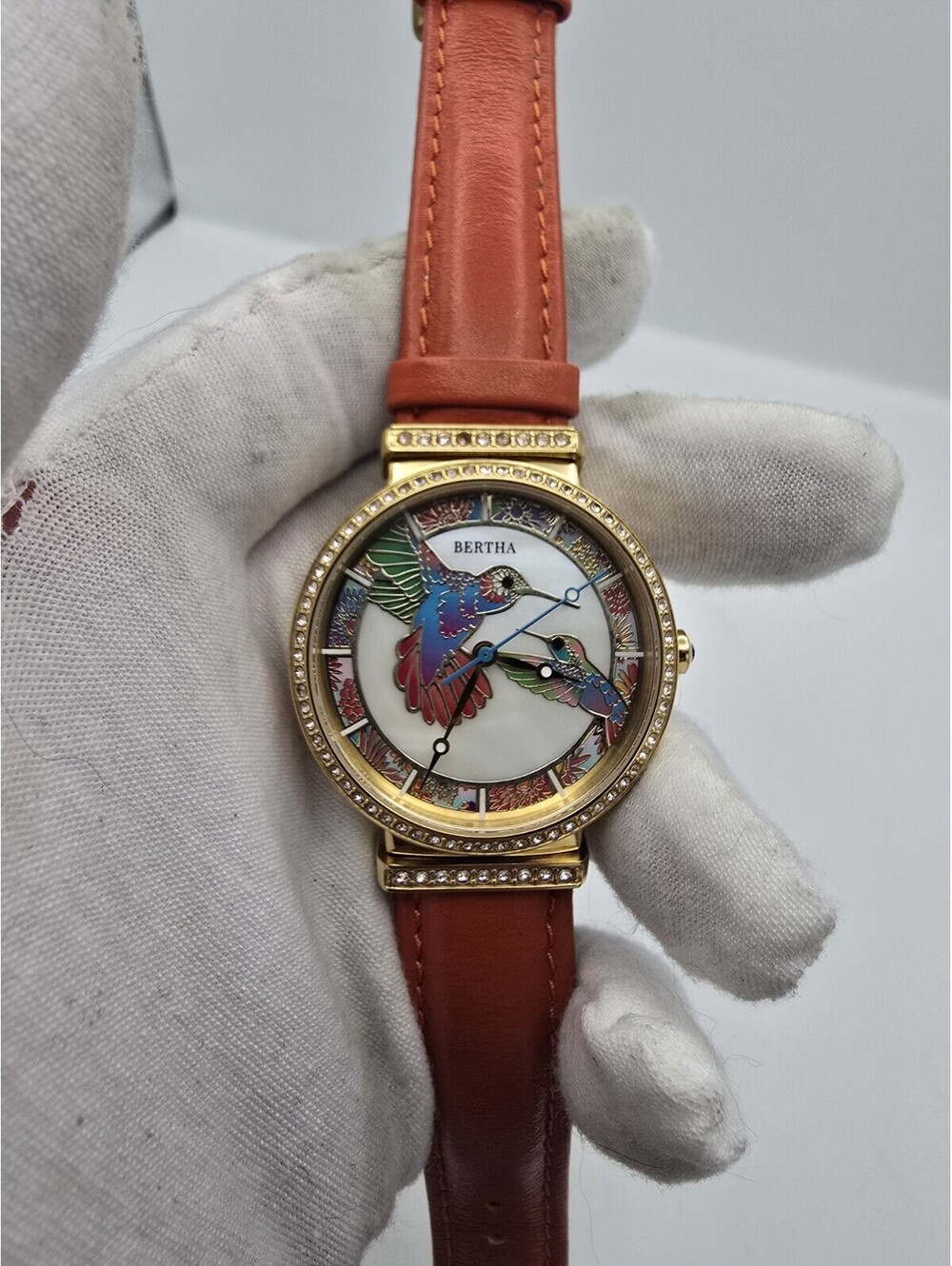 Bertha Emily Crystal Hummingbird Mother Of Pearl Dial Watch Brown Leather Band